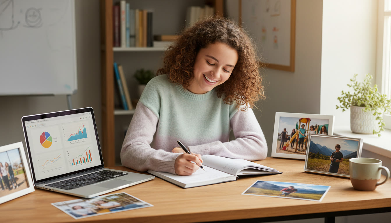 Photo Idea : Student writing a reflective CAS entry at a desk with photos and a laptop nearby