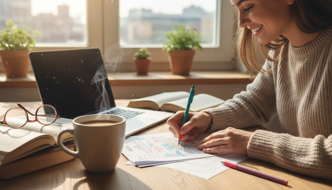 Photo Idea : Student annotating an essay with colored pens and a cup of coffee nearby