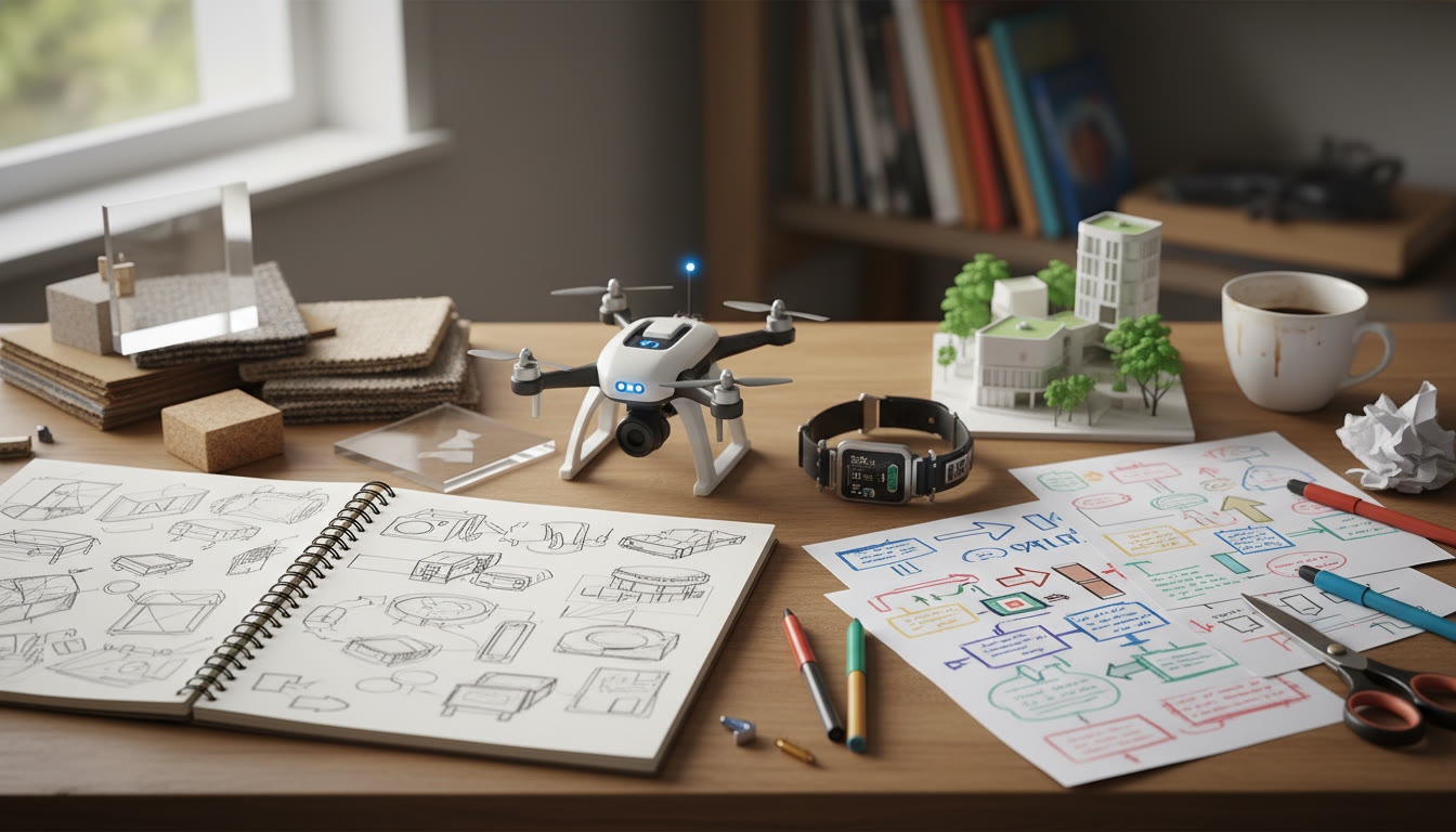 Photo Idea : A portfolio spread showing sketchbooks, prototypes, material samples and process notes on a wooden desk