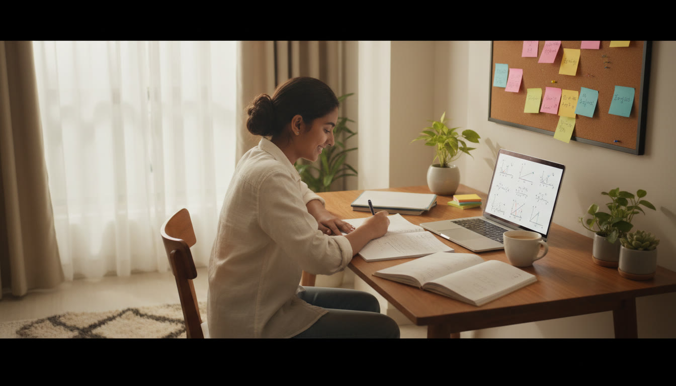 Photo Idea : A focused student at a desk with notebooks, formulas on sticky notes, and a laptop showing a solved physics problem