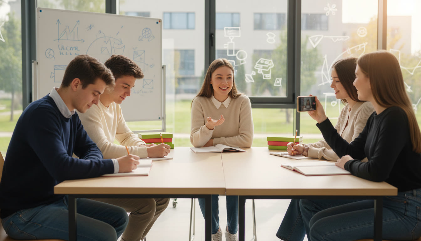 Photo Idea : A small group mock-interview scene: one student speaking while two peers take notes and one records with a phone.