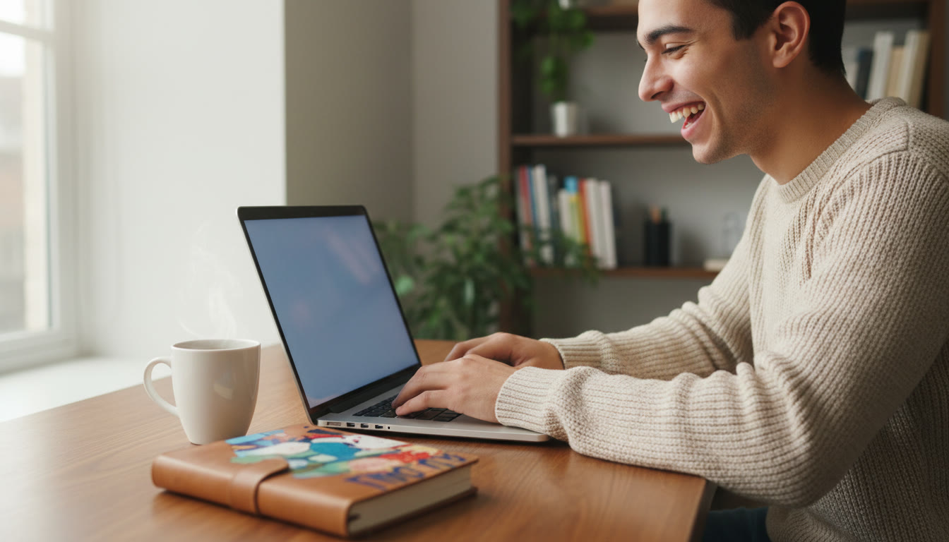 Photo Idea : student writing a short activity note on a laptop beside a CAS journal and a cup of coffee