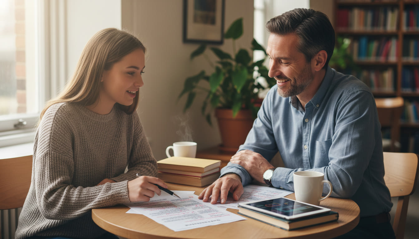 Photo Idea : student and supervisor reviewing annotated draft at a small table, natural light