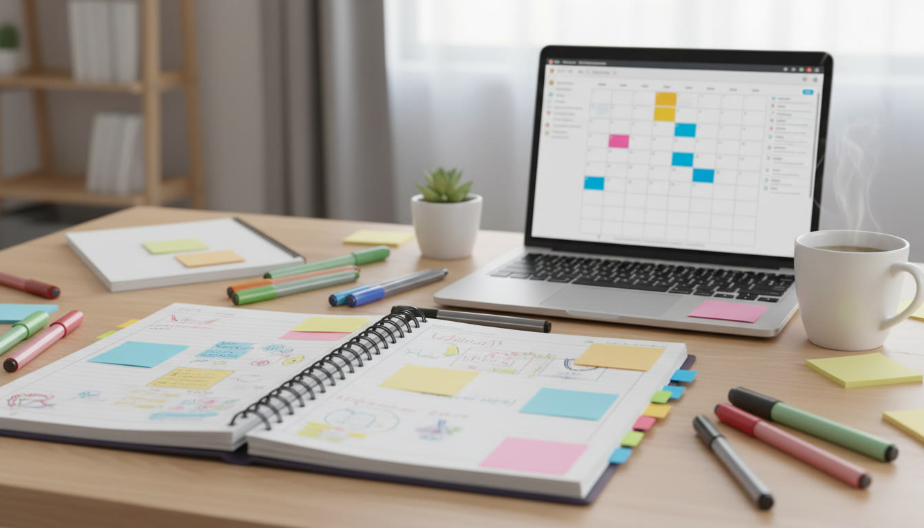 Photo Idea : open revision notebook on a desk with colored tabs, pens, sticky notes and a laptop showing a study calendar