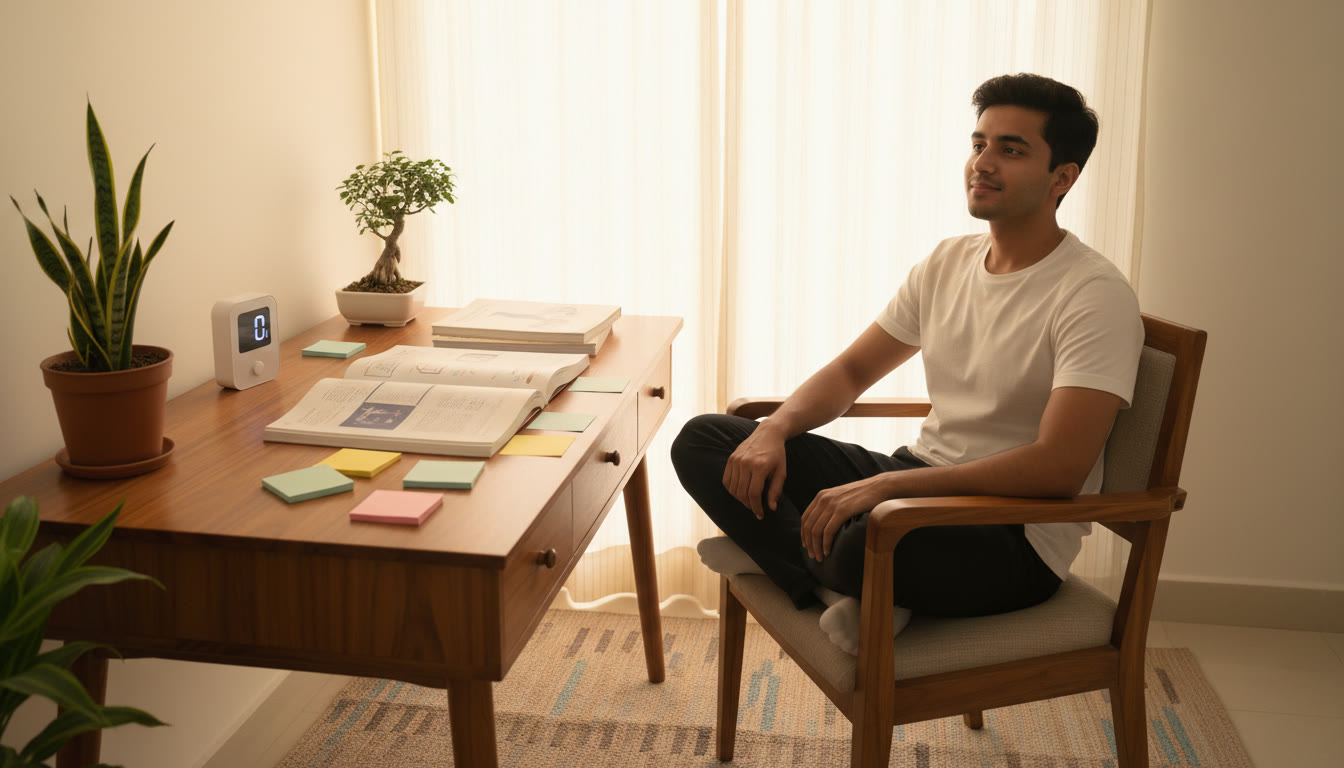 Photo Idea : A calm student at a tidy desk with sticky notes, a timer, and open textbooks