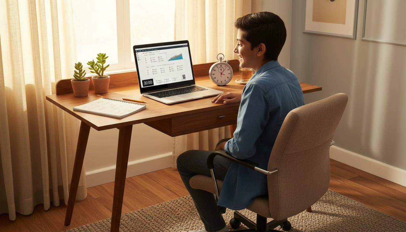 Photo Idea : Student taking a timed mock test on a laptop with a visible stopwatch and open notebook