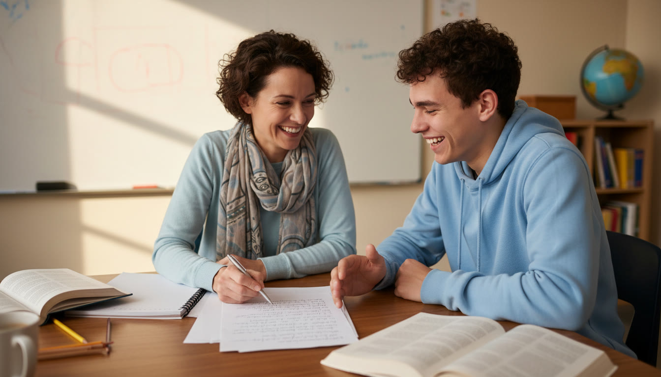 Photo Idea : A teacher and student reviewing a handwritten recommendation draft at a table