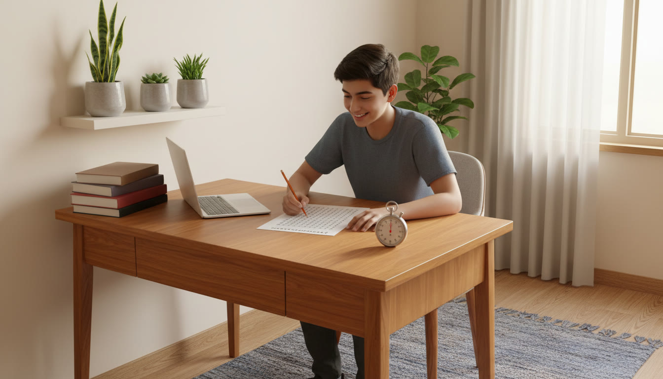 Photo Idea : Student sitting at a study desk doing a timed mock test with a stopwatch and an OMR sheet nearby