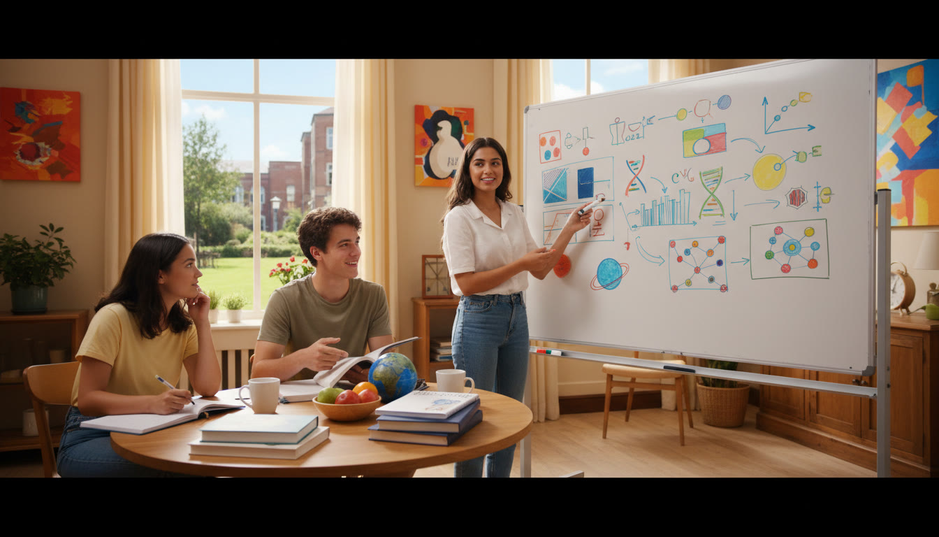 Photo Idea : A small-group tutoring session with a student and a tutor at a whiteboard, showing focused study materials
