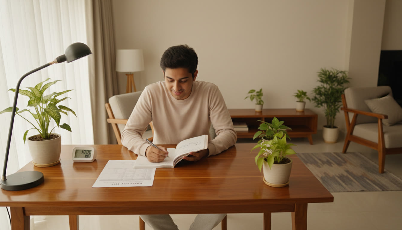 Photo Idea : Student analyzing a mock test results sheet with a notebook and a timer
