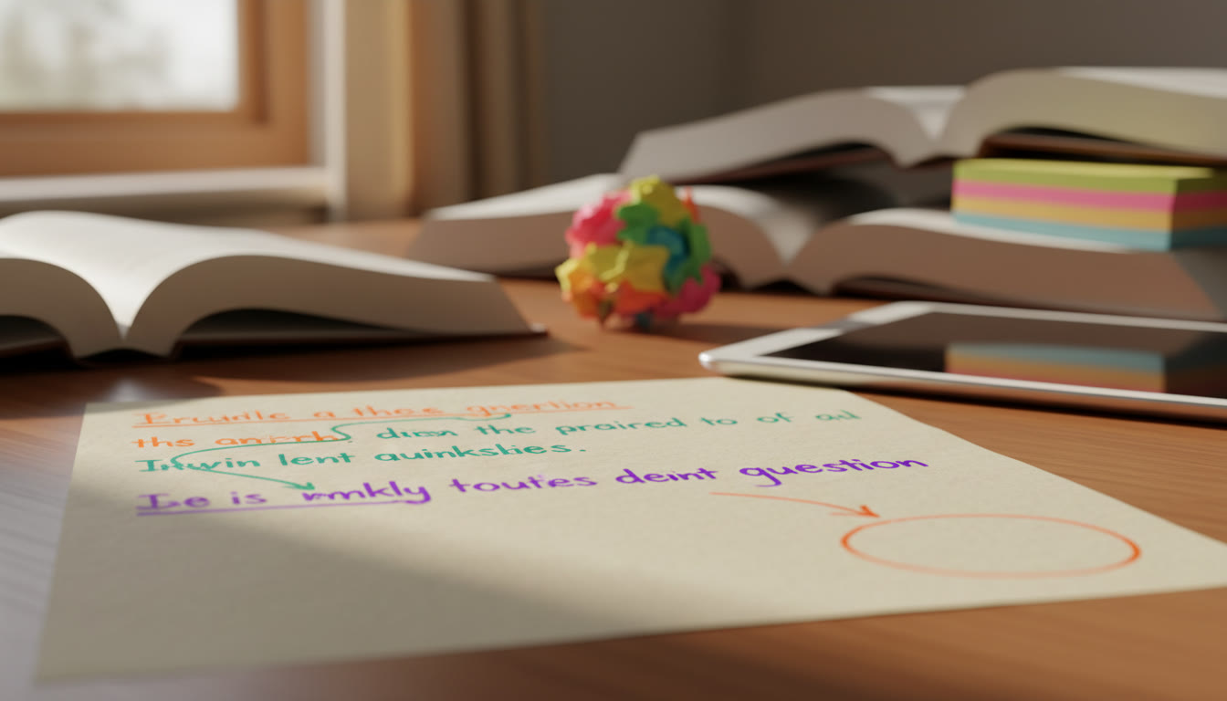 Photo Idea : Close-up of a marked paragraph showing a clear topic sentence and highlighted link to research question