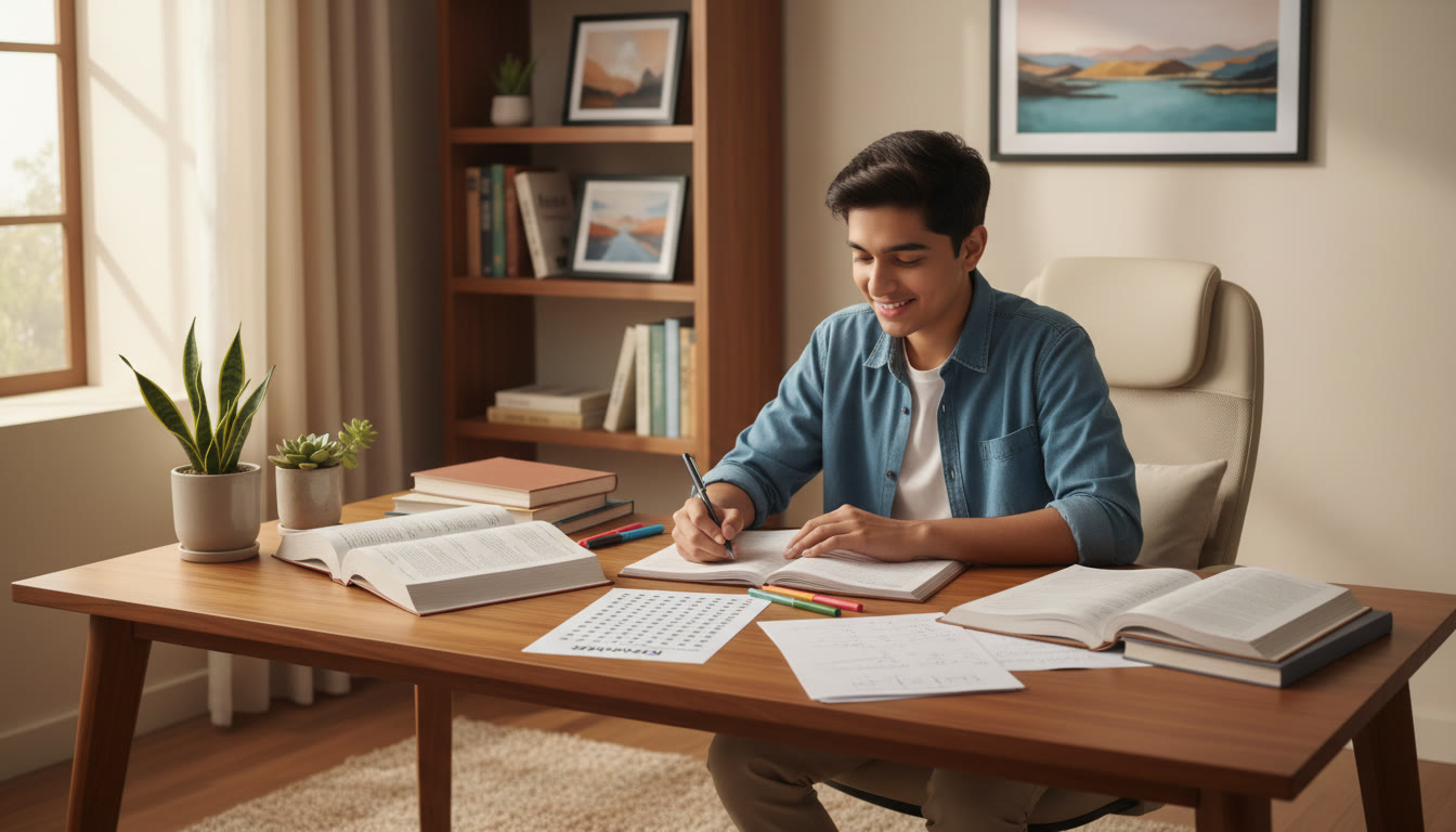 Photo Idea : a focused student at a tidy desk with open textbooks, notes, and a mock OMR sheet
