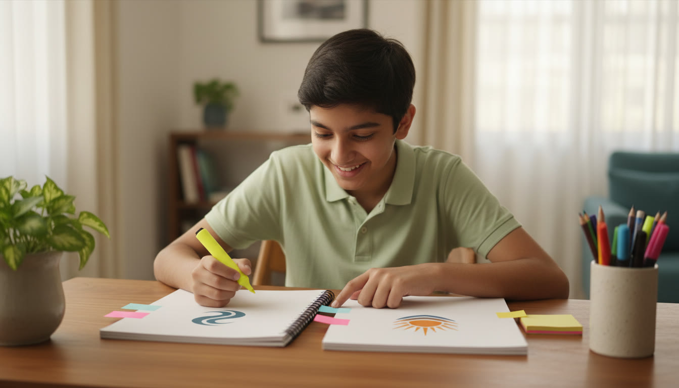 Photo Idea : A focused student at a tidy desk comparing two open notebooks, one labeled