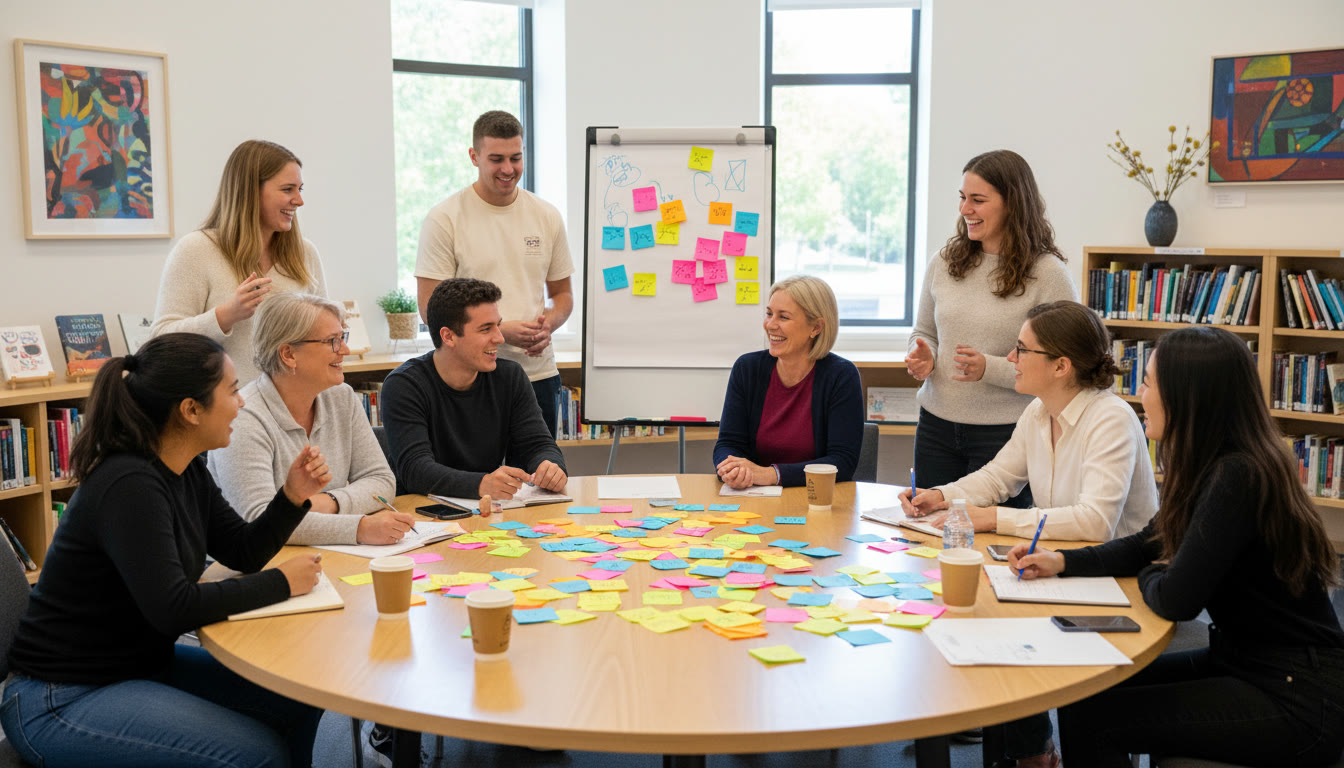 Photo Idea : Students and community partners brainstorming around a circular table with colorful notes