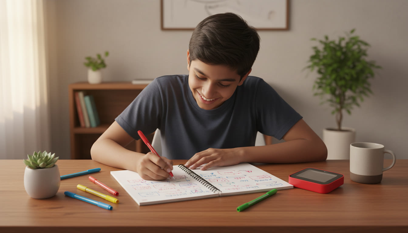 Photo Idea : A student reviewing an error log on paper with colorful pens and a timer nearby