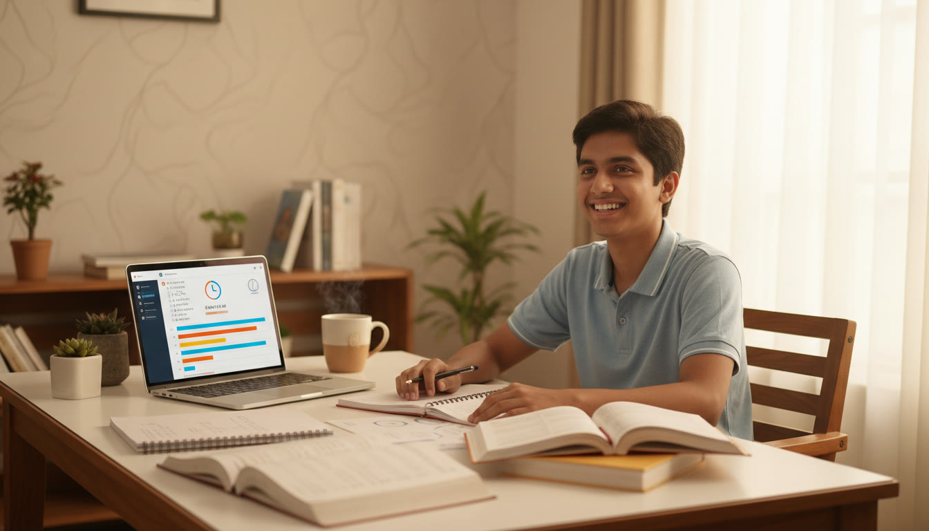 Photo Idea : Student at a tidy desk with open notebooks and a laptop showing a timed full-length mock test