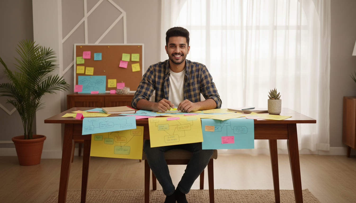 Photo Idea : [Student at a desk with colorful notes and a concept map spread out]