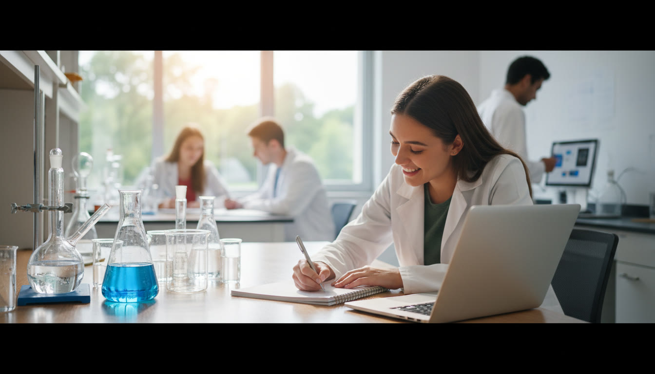 Photo Idea : A focused student in a college-style lab writing in a notebook while glassware and a laptop sit nearby