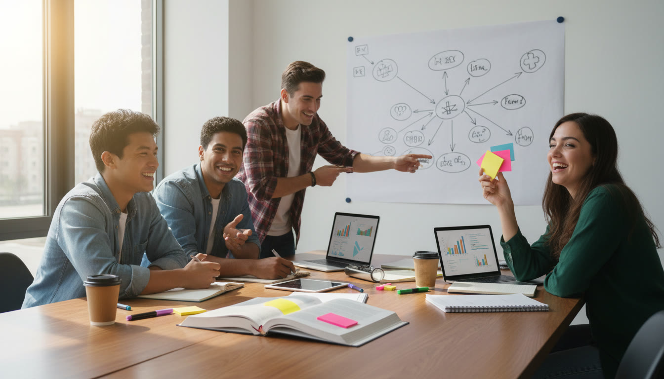 Photo Idea : A small group of students collaborating around a table with charts, sticky notes, and a textbook open to a highlighted passage