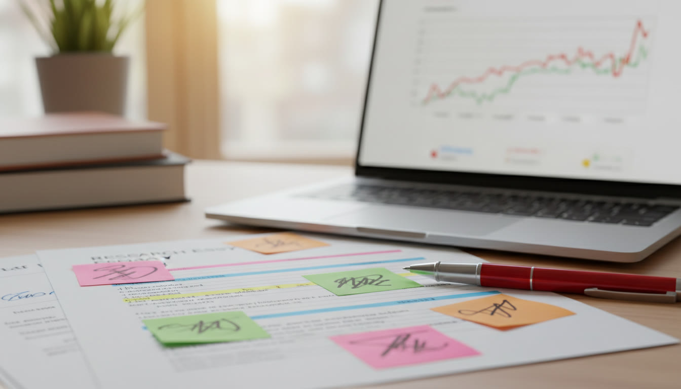 Photo Idea : Close-up of annotated draft with color-coded sticky notes and a red pen beside a laptop