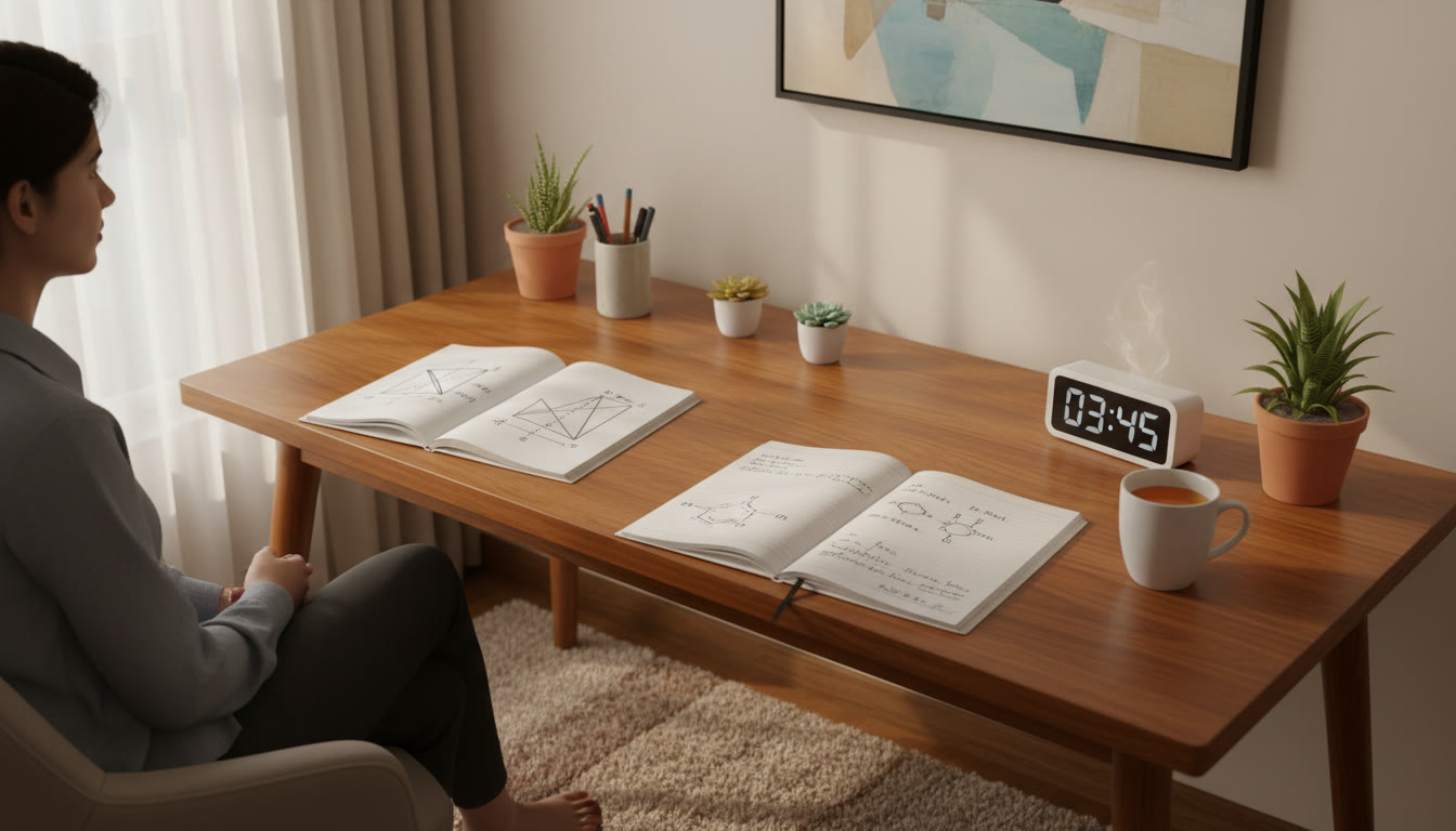 Photo Idea : Student at a tidy desk, two notebooks open—one titled 