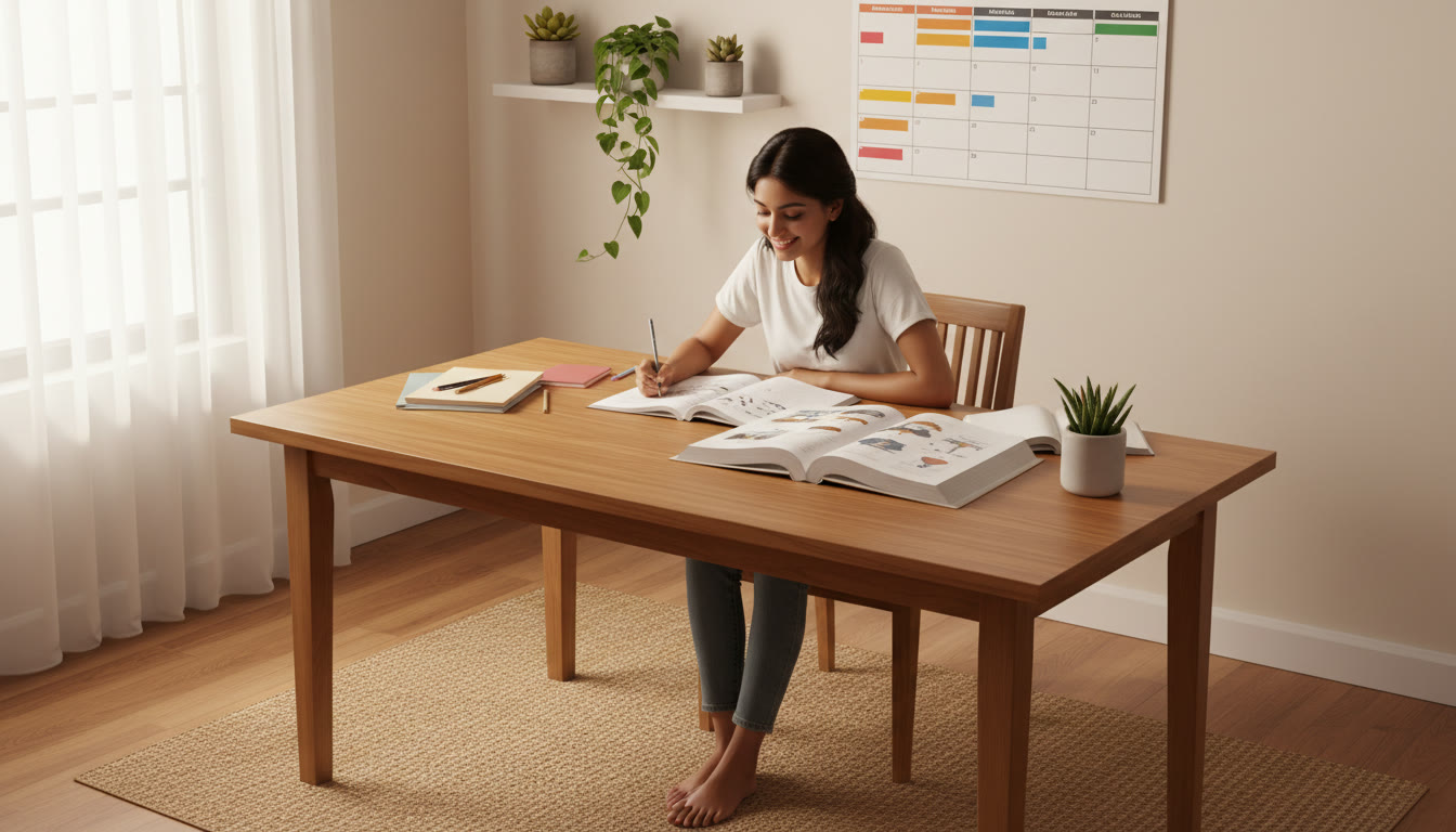 Photo Idea : Student at a study table with physics and mathematics books open, a wall calendar with a four-year plan visible