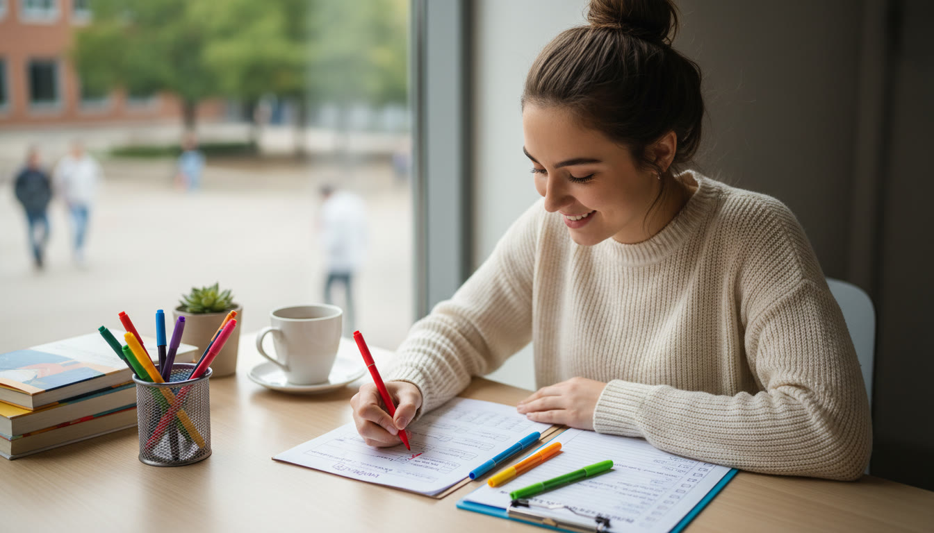 Photo Idea : A focused student marking a practice paper with colored pens and a tidy checklist