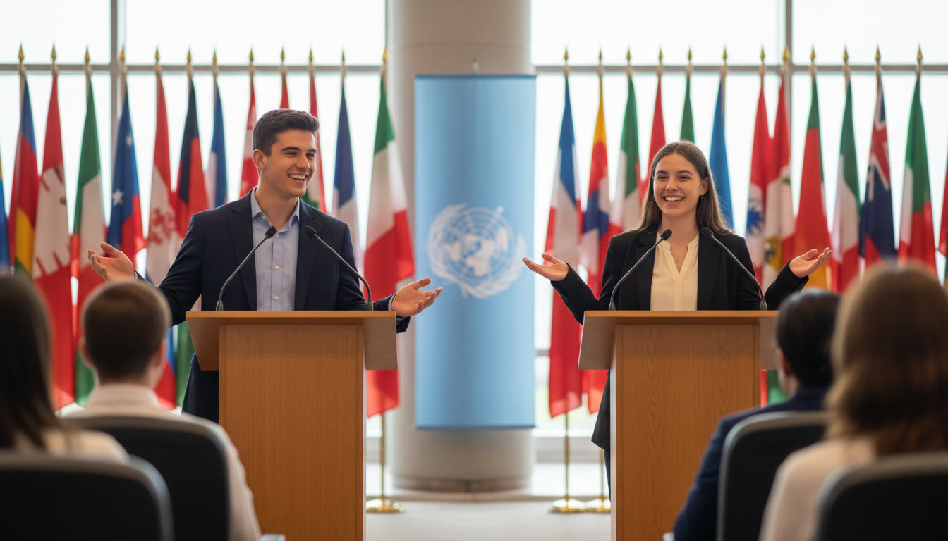 Photo Idea : Two IB students at podiums during a Model UN session, flags in the background