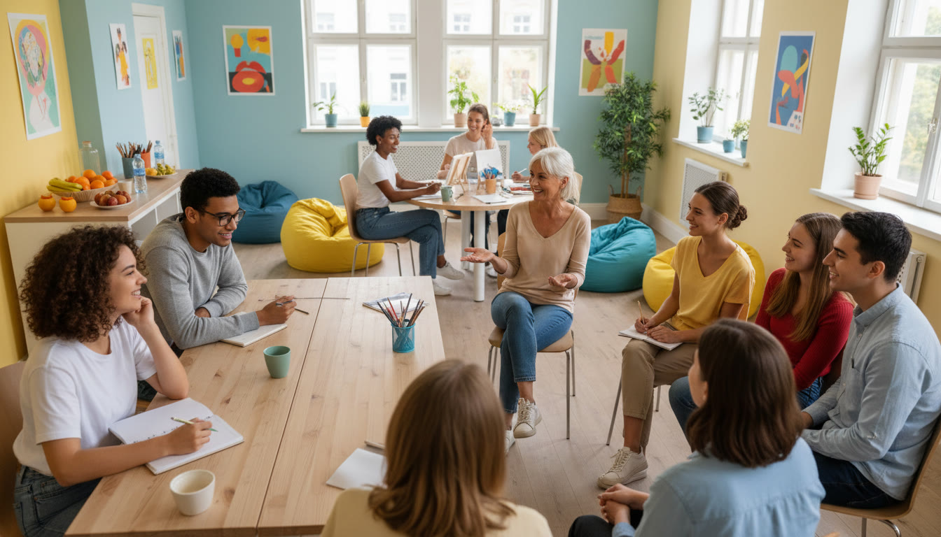 Photo Idea : A diverse group of young adults volunteering at a community mental health workshop, taking notes and interacting with attendees