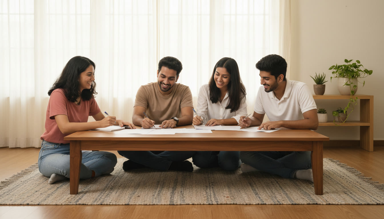 Photo Idea : students in a study group reviewing mock test papers together at a table