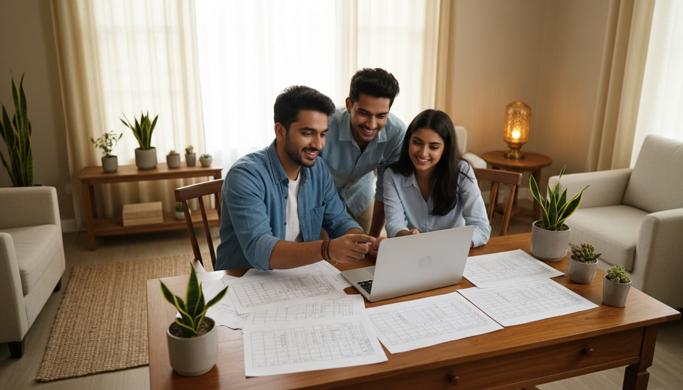 Photo Idea : A small group session with a tutor reviewing a college choice list on a laptop, surrounded by printed seat matrices