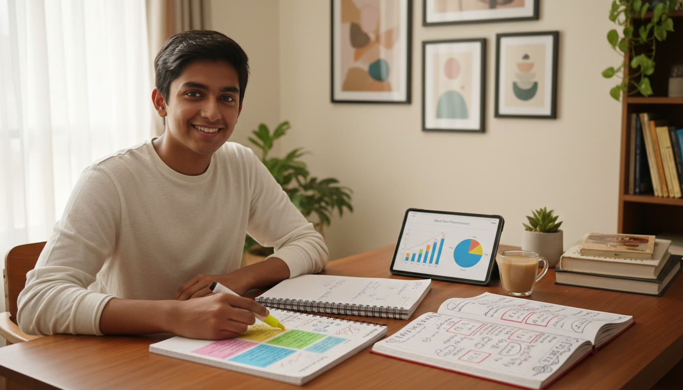 Photo Idea : A student reviewing a mock test analysis with colourful notes and a mistake log open on a notebook