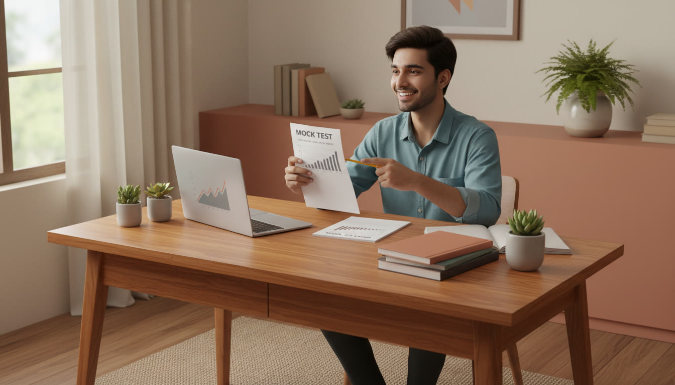 Photo Idea : A student at a desk reviewing a mock test score with notebooks and a laptop