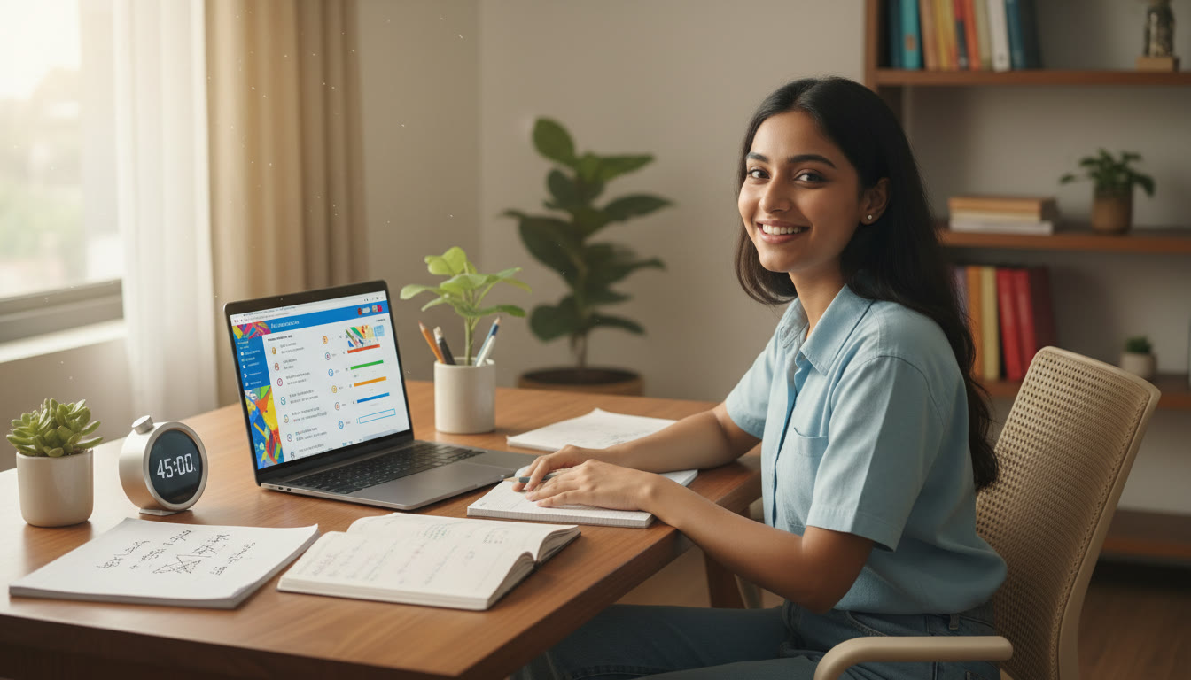 Photo Idea : Student at a study desk with open notebooks, timer, and a laptop showing a mock test interface