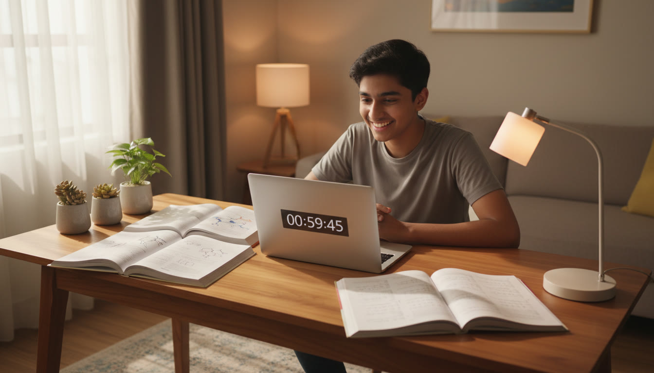 Photo Idea : Student at a tidy desk with open Physics, Chemistry and Mathematics books, a laptop displaying a timed mock-test countdown