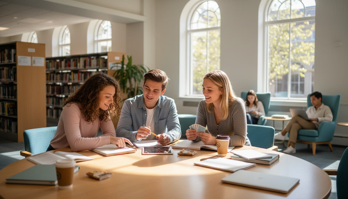 Photo Idea : A small study group in a bright library corner, sharing notes with calm, friendly interaction.