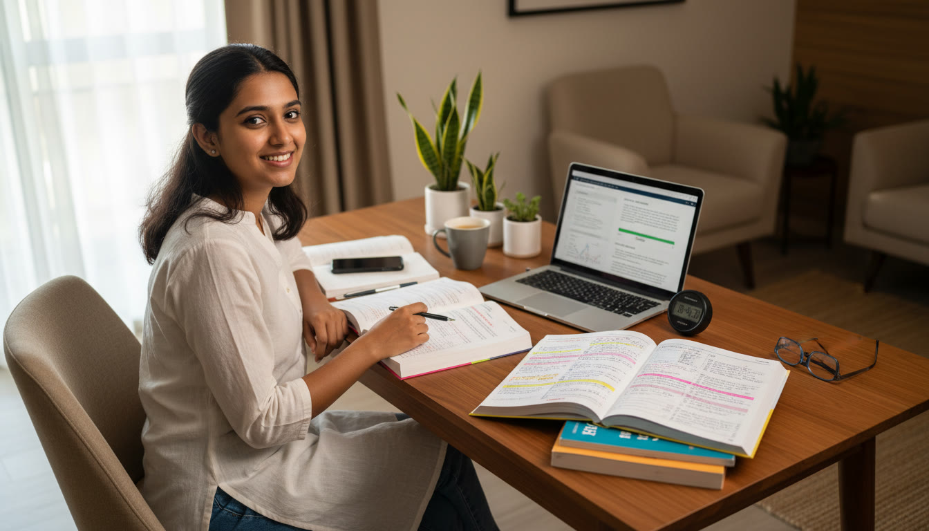 Photo Idea : IB student at a tidy desk with open IB textbooks, color-coded notes, a laptop showing practice questions, and a stopwatch