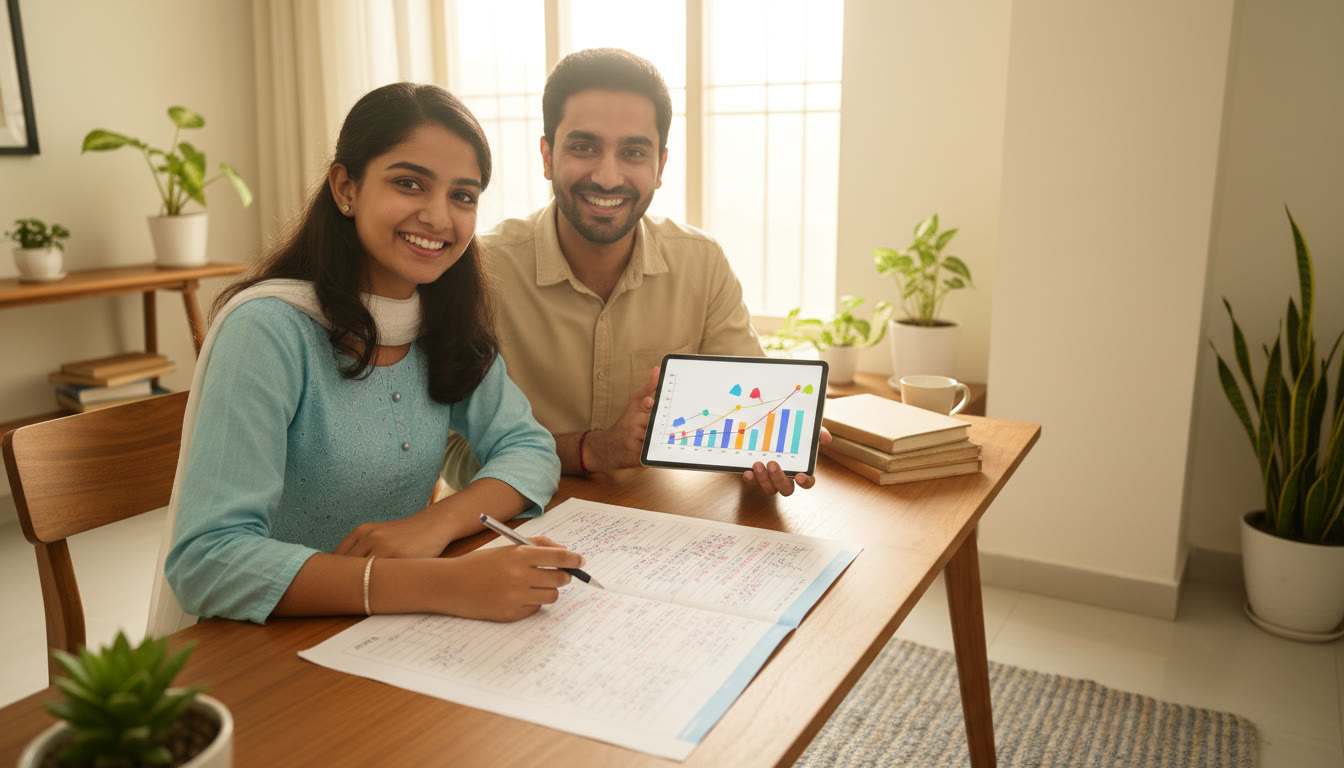 Photo Idea : A student and tutor reviewing a marked full-length answer sheet with a tablet showing performance graphs