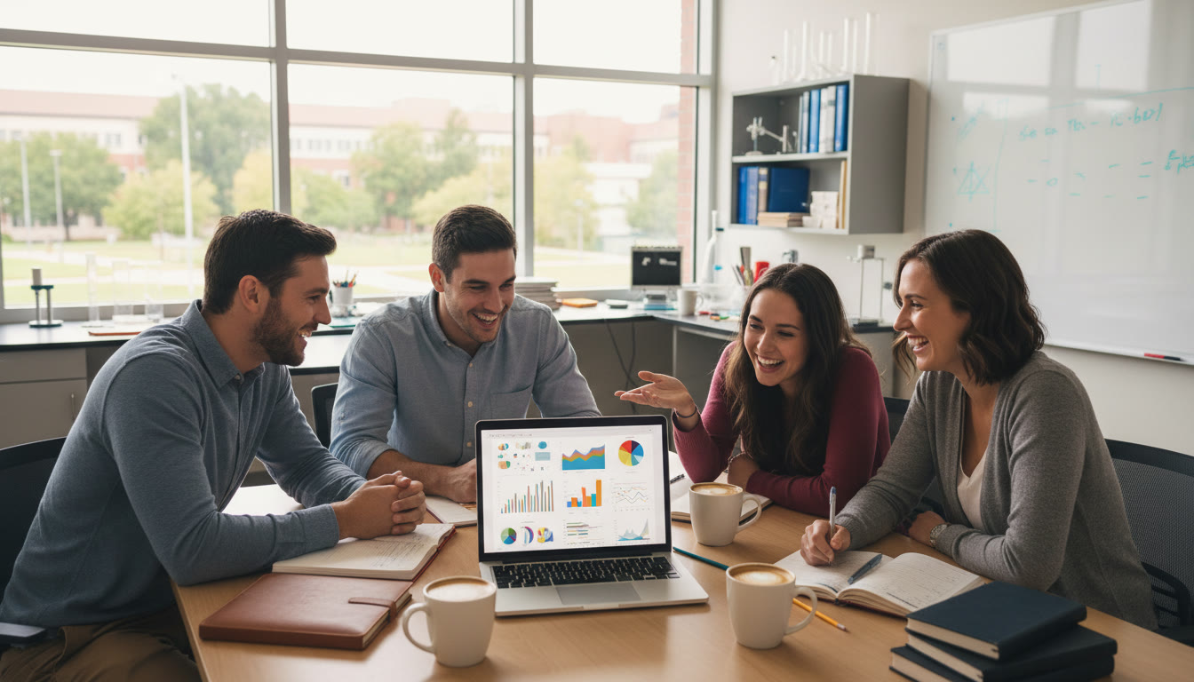 Photo Idea : A small research team around a table discussing graphs on a laptop, coffee cups and notebooks visible