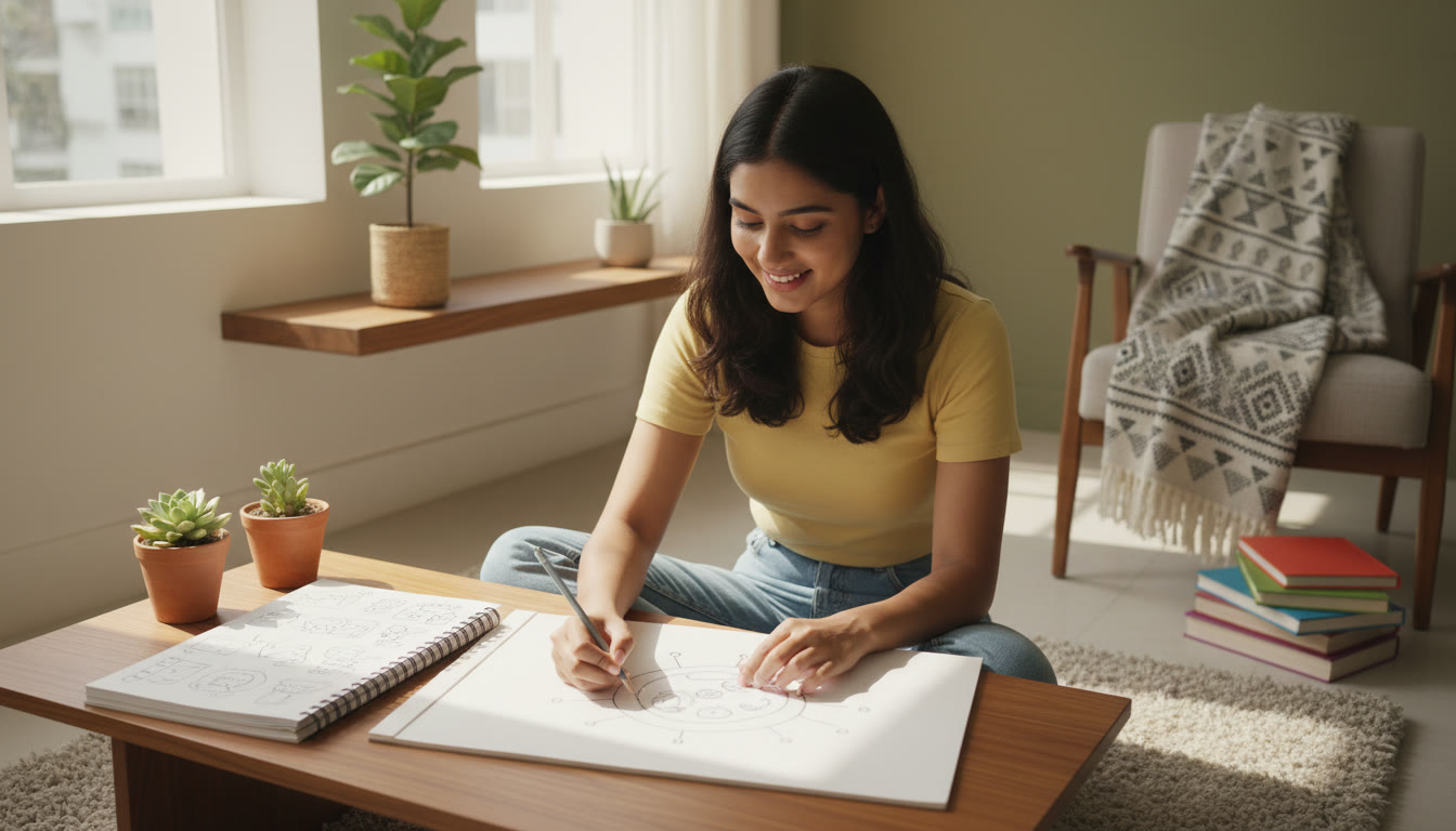 Photo Idea : a student drawing a labeled cell diagram while referring to neatly written mini-notes