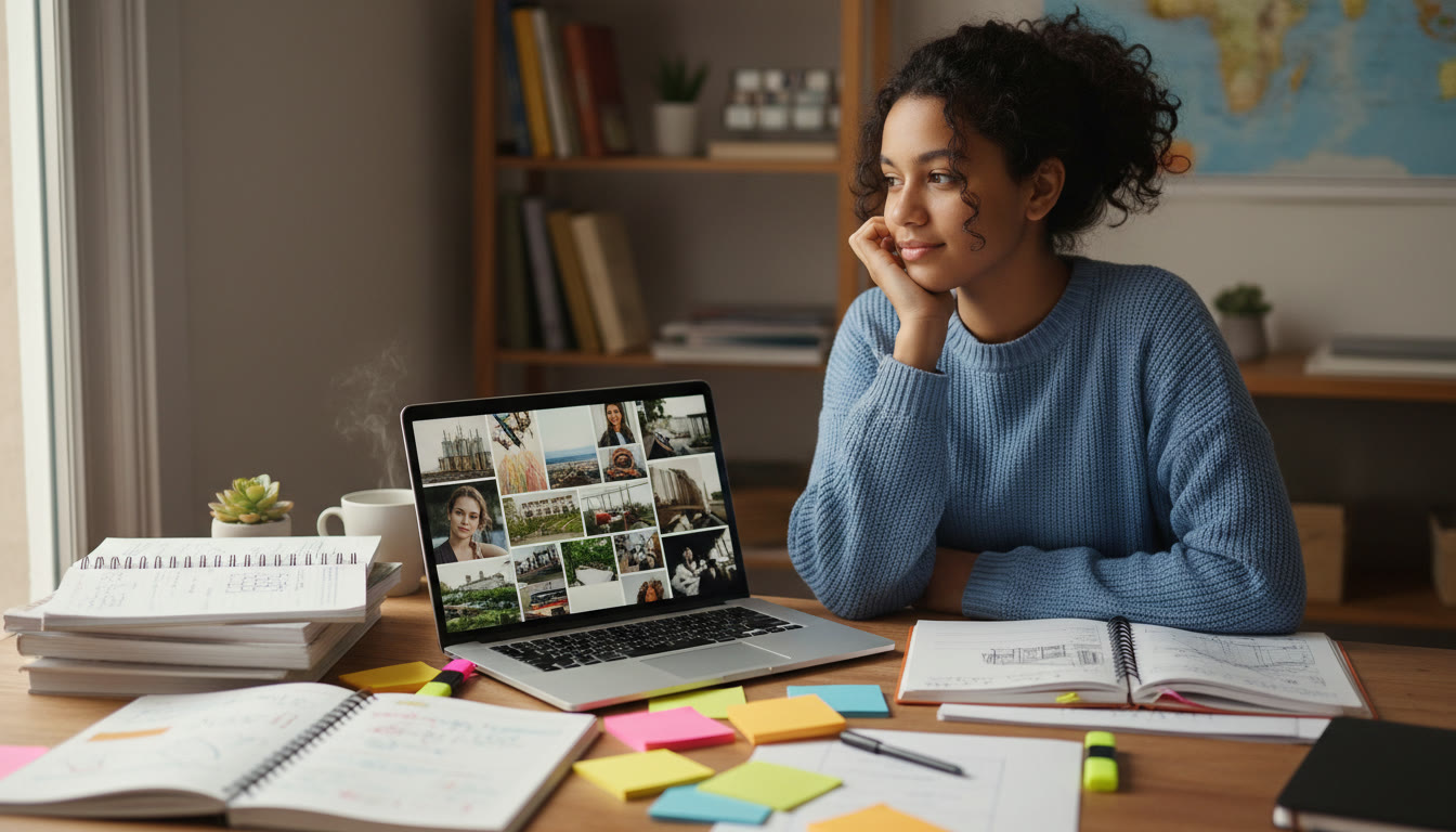 Photo Idea : A thoughtful IB student at a desk with subject notes, a laptop screen showing a mood board, and colored sticky notes