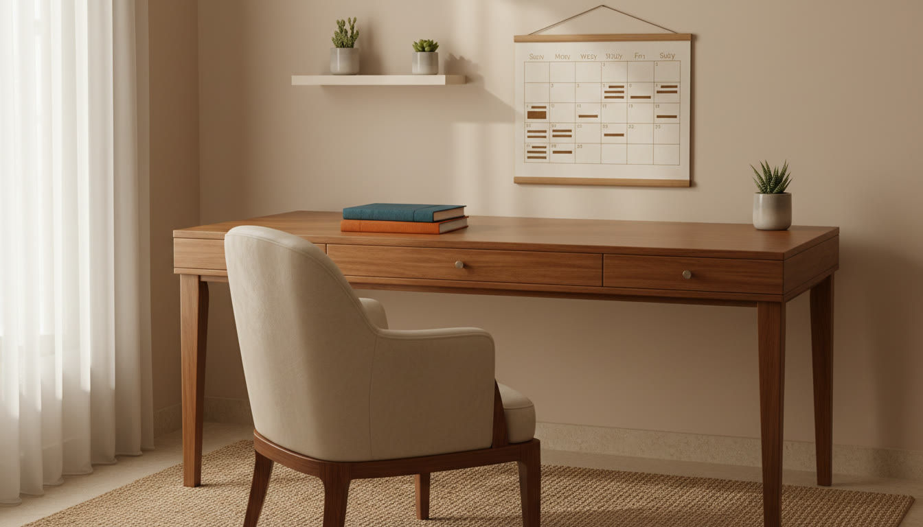 Photo Idea : A quiet study corner with organized notebooks labeled Physics, Chemistry, Mathematics and a visible weekly plan on a calendar.