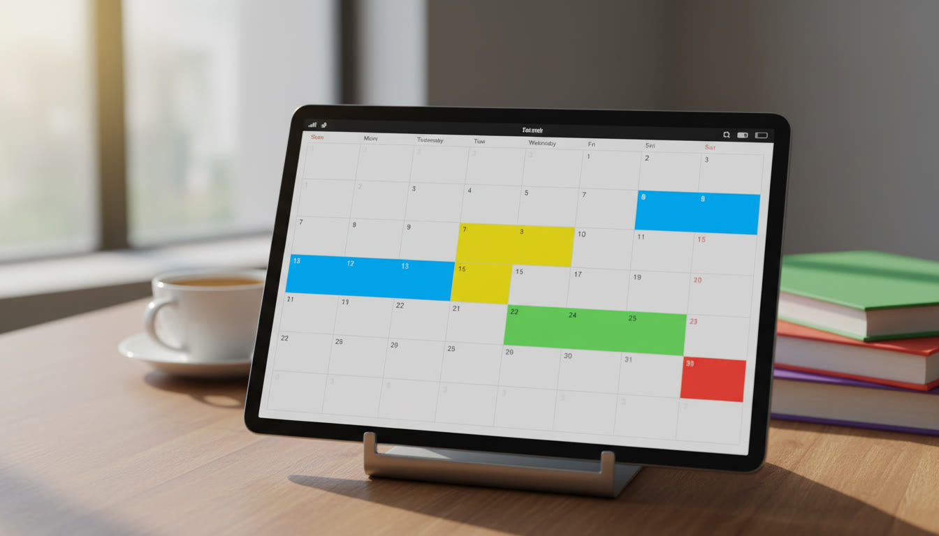 Photo Idea : A clean digital calendar on a tablet with colored blocks representing different subjects and deadlines