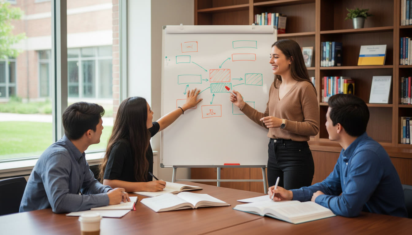 Photo Idea : a student teaching a small study group with a whiteboard full of diagrams