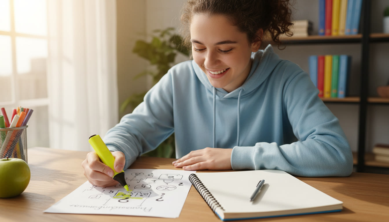 Photo Idea : student annotating a printed TOK question with a highlighter and notebook