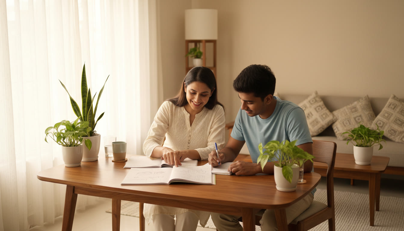 Photo Idea : A tutor reviewing a student’s notebook, pointing at a problem while the student takes notes