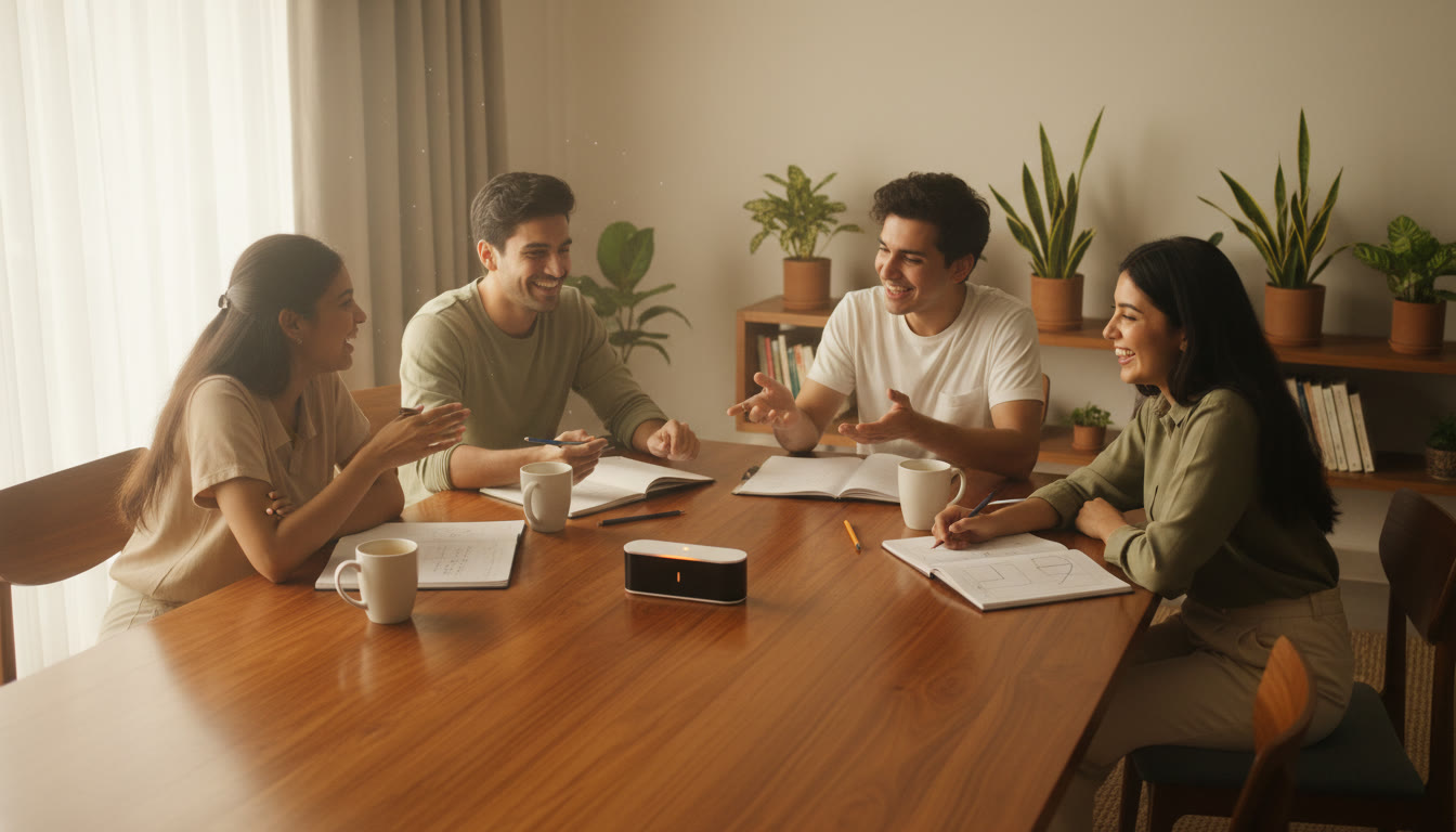 Photo Idea : Group of students discussing solutions around a table with notebooks and a visible timer