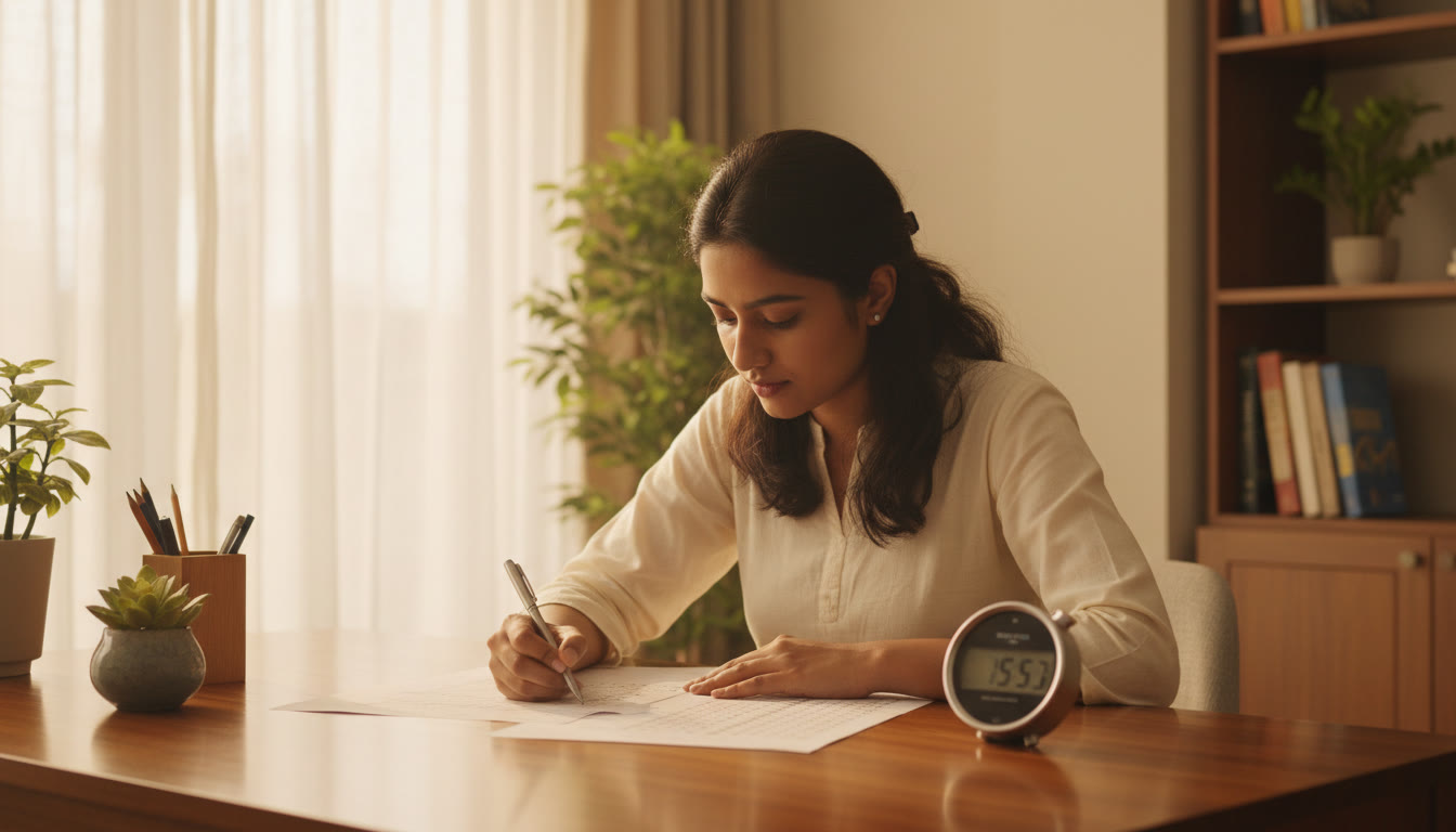 Photo Idea : Student in exam hall focused on an OMR sheet with a visible stopwatch on the desk