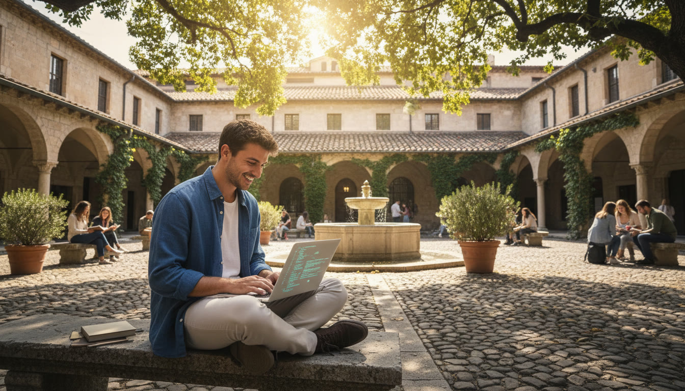 Photo Idea : IB student coding on a laptop in a sunny European university courtyard