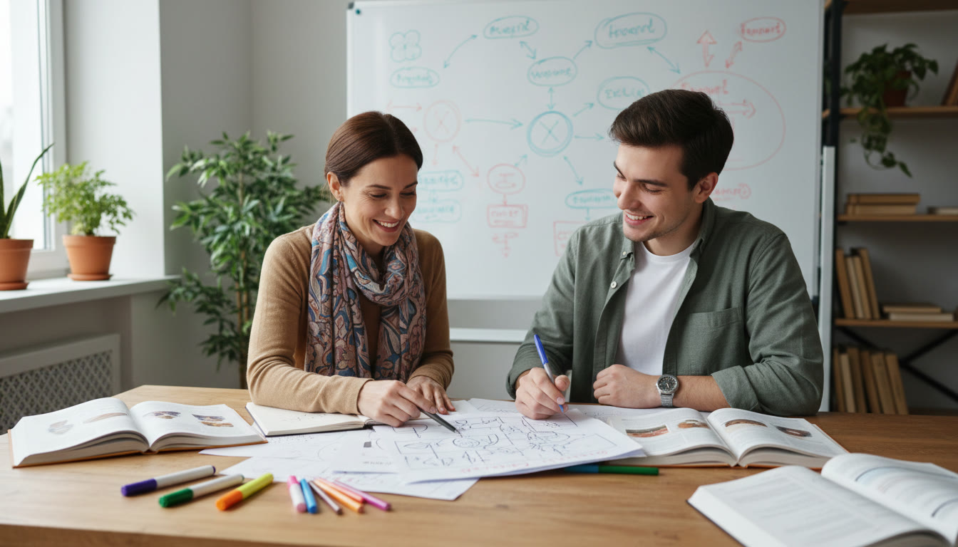 Photo Idea : A tutor and student reviewing annotated notes together, with a whiteboard summary visible